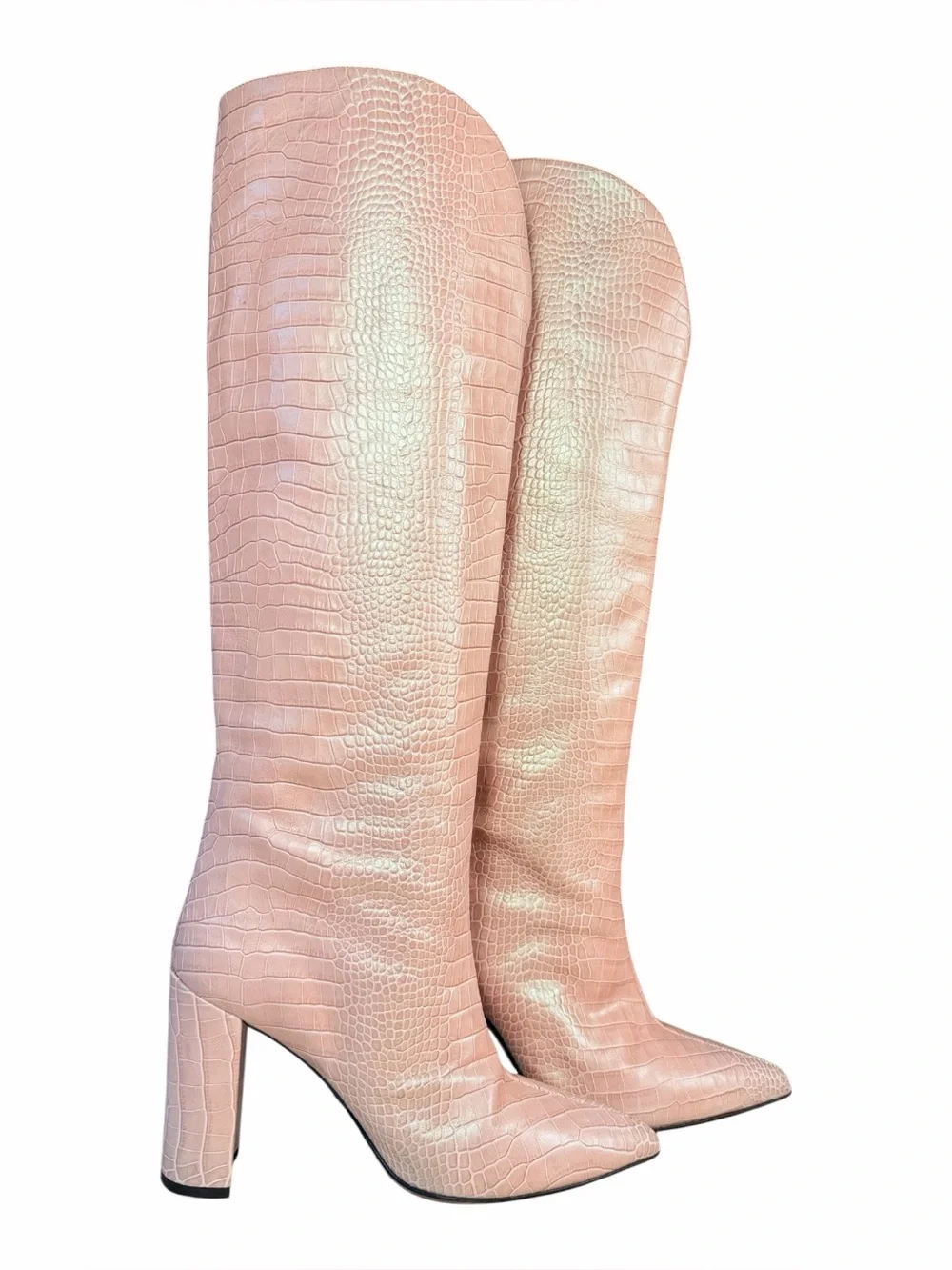 Paris Texas Women’s Tall Pink Croc-Embossed Pointed-Toe Boots